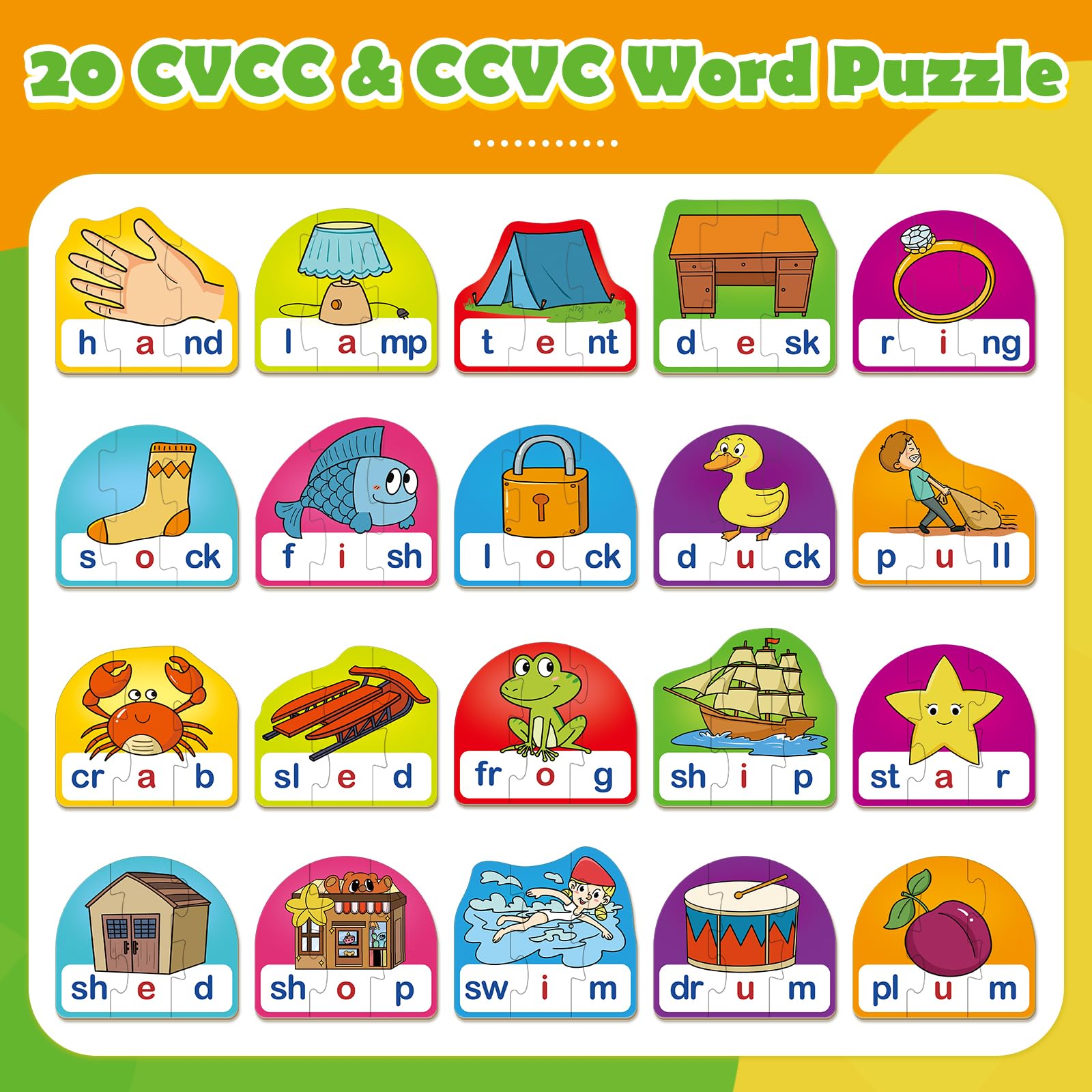 CVCC & CCVC Puzzle Cards – Phonics Games for Ages 3-6, 60 Pieces with Storage Bag