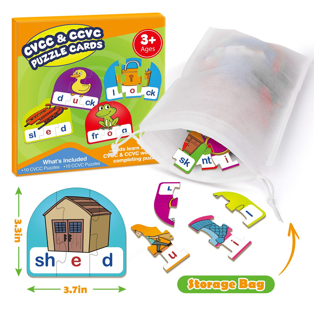 CVCC & CCVC Puzzle Cards – Phonics Games for Ages 3-6, 60 Pieces with Storage Bag