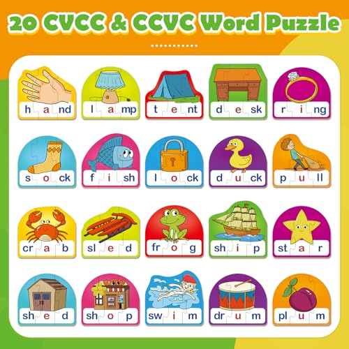 CVCC & CCVC Puzzle Cards – Phonics Games for Ages 3-6, 60 Pieces with Storage Bag