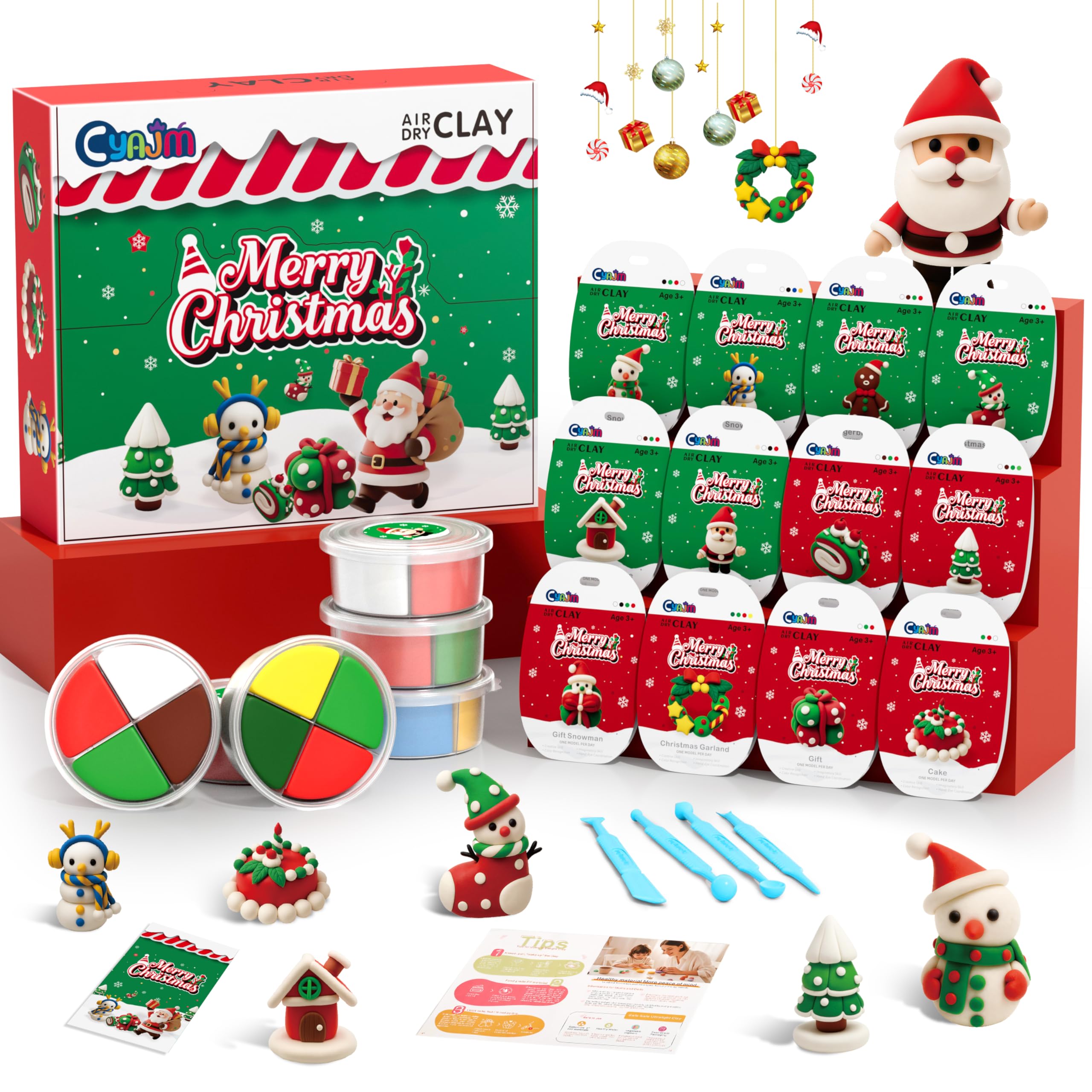 CyaJm Air Dry Clay Christmas Kit – 12 Non-Toxic Festive Clay Packs with Tools & Guide for Kids Ages 3+