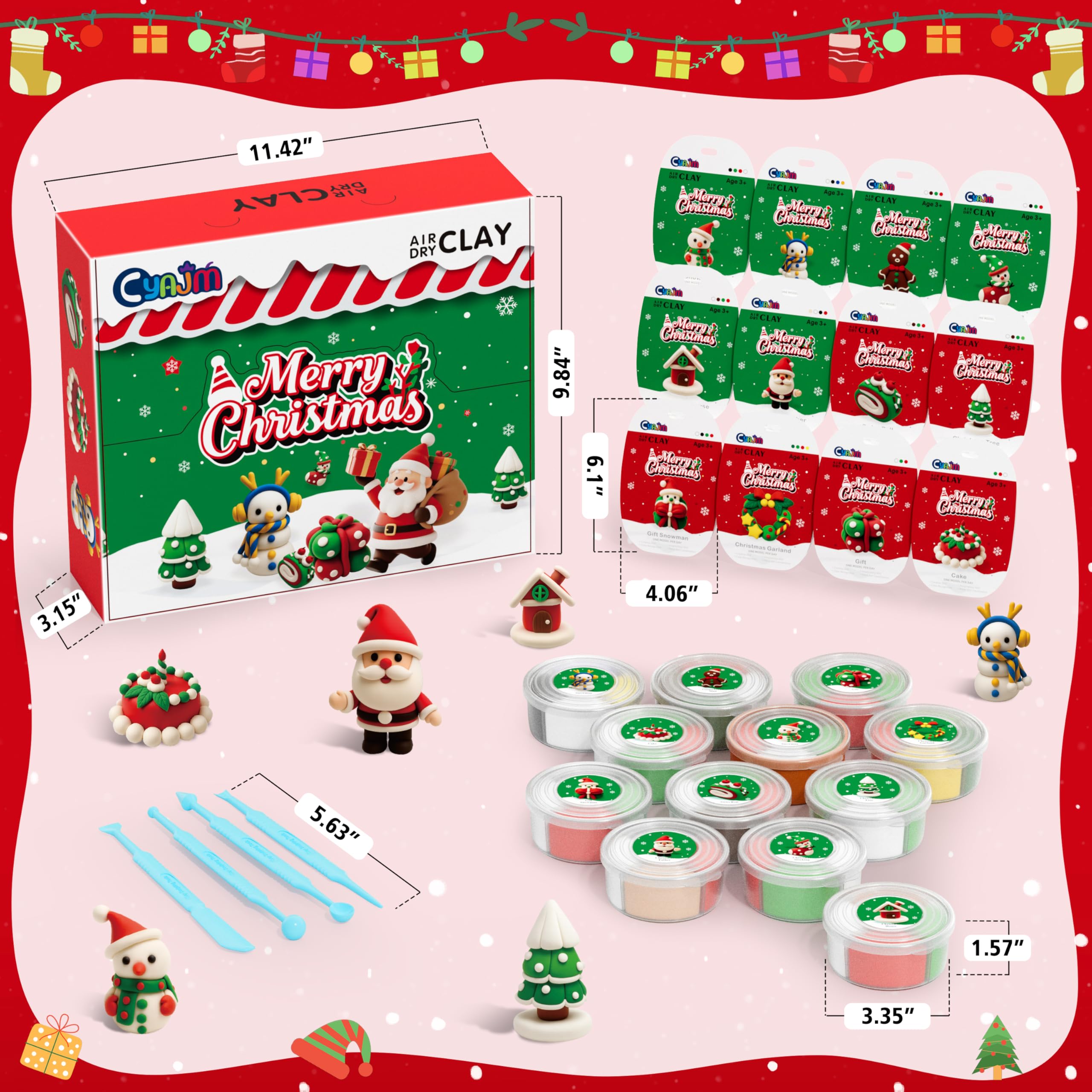 CyaJm Air Dry Clay Christmas Kit – 12 Non-Toxic Festive Clay Packs with Tools & Guide for Kids Ages 3+