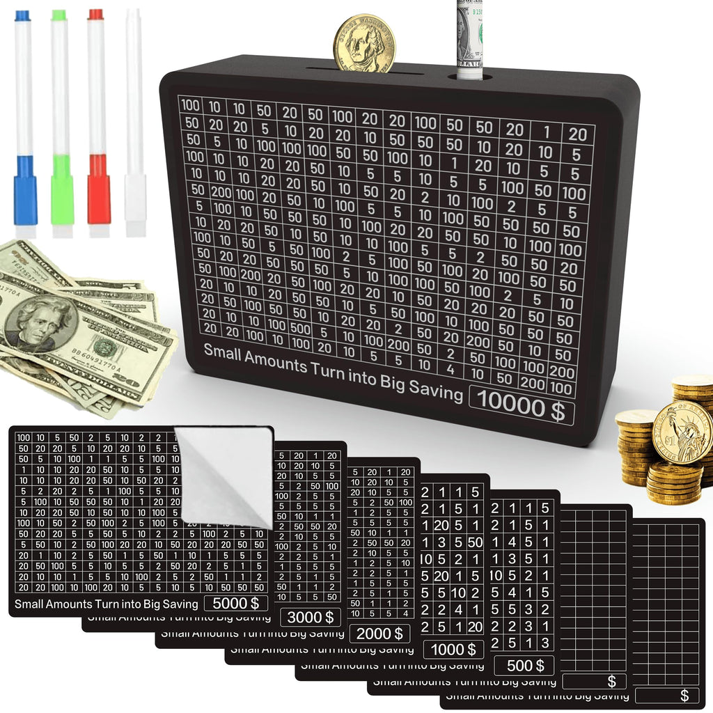 CYANLUX Wooden Piggy Bank with Savings Challenge Tracker - Money Box with Goal Stickers for Adults and Kids, Black