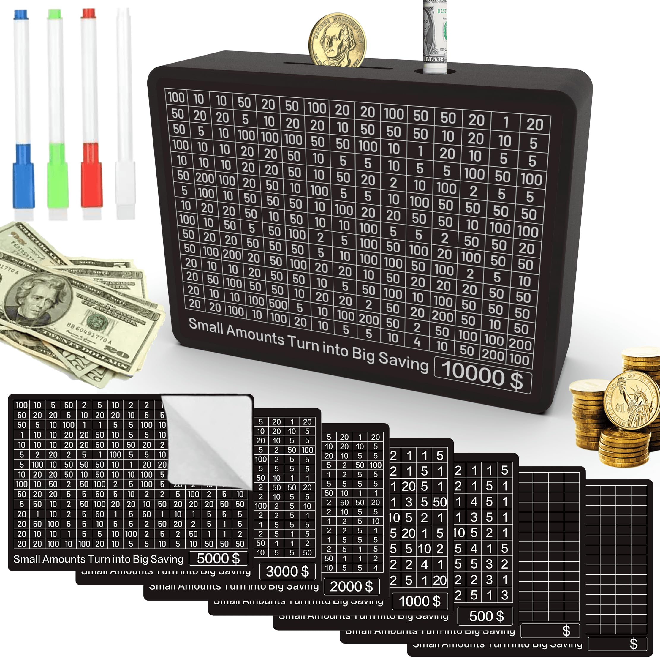 CYANLUX Wooden Piggy Bank with Savings Challenge Tracker - Money Box with Goal Stickers for Adults and Kids, Black