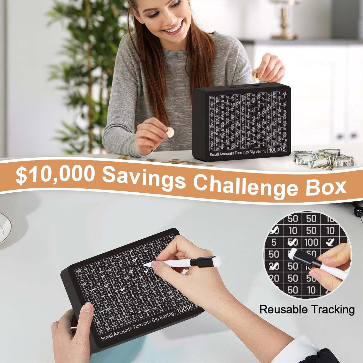 CYANLUX Wooden Piggy Bank with Savings Challenge Tracker - Money Box with Goal Stickers for Adults and Kids, Black