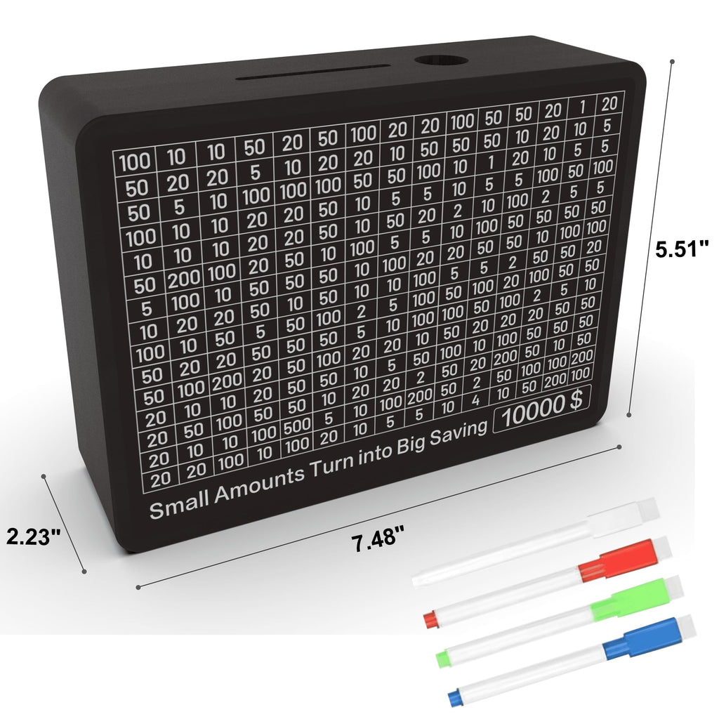CYANLUX Wooden Piggy Bank with Savings Challenge Tracker - Money Box with Goal Stickers for Adults and Kids, Black
