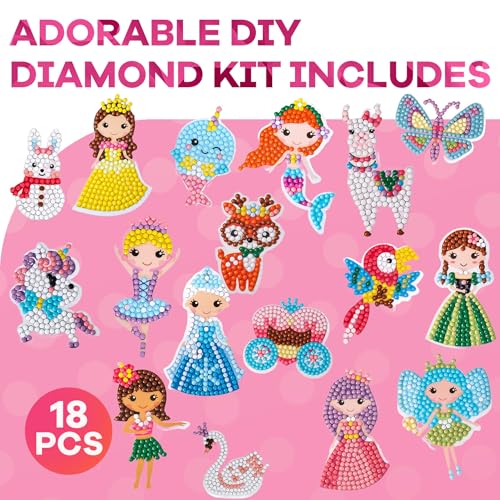 Cymbana Diamond Painting Kits for Kids 18 Pcs Princess and Their Buddy Gem Art Sticker for Kids Ages 6-8 8-12 Contains Unicorn, Mermaid