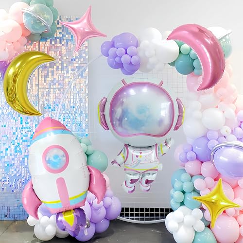 CYMYLAR 8-Piece Astronaut Rocket Balloon Set for Girls - Pink Purple Space Theme Birthday Party Decorations