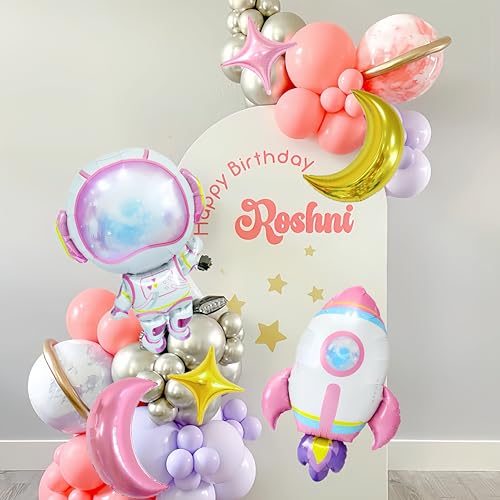 CYMYLAR 8-Piece Astronaut Rocket Balloon Set for Girls - Pink Purple Space Theme Birthday Party Decorations