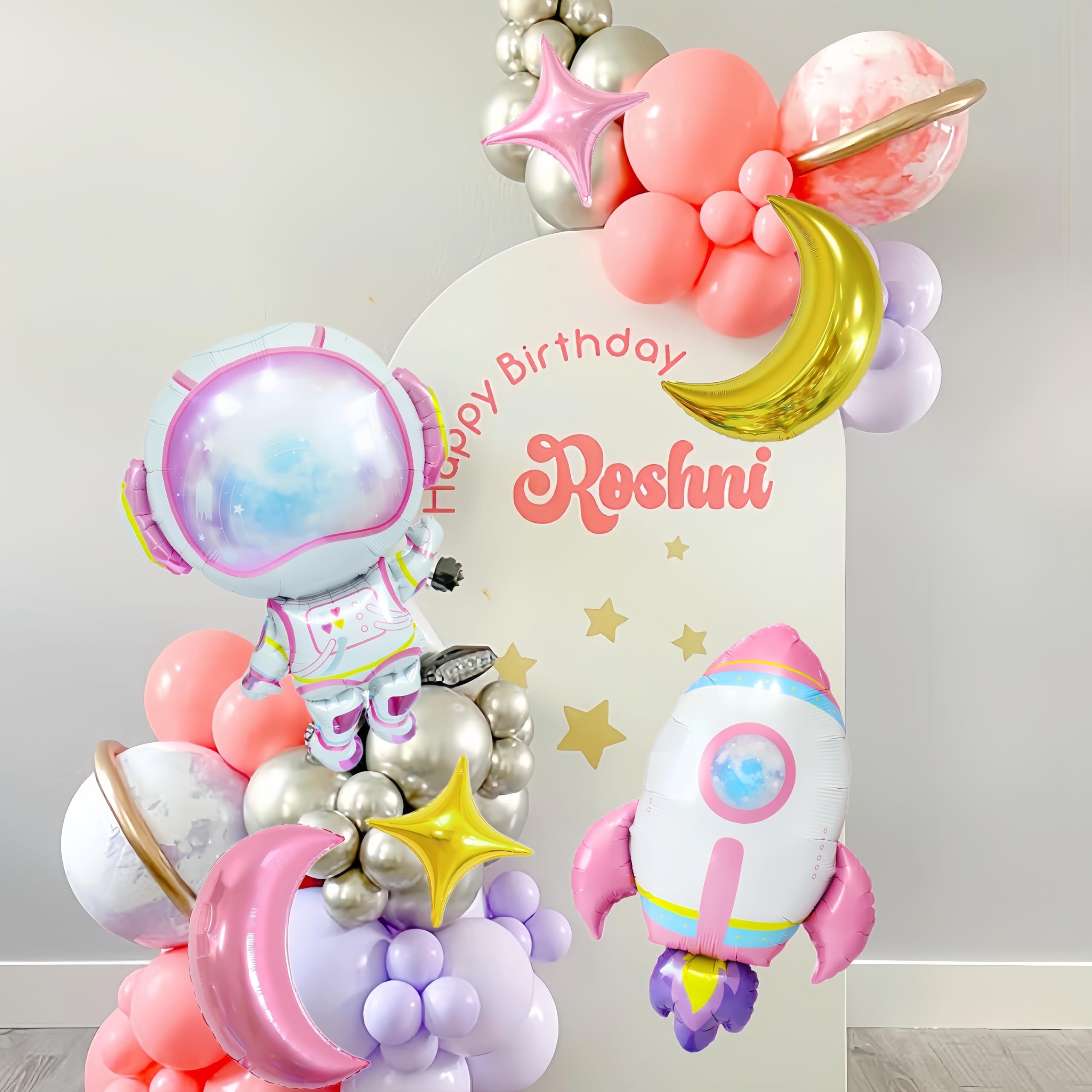 CYMYLAR 8-Piece Astronaut Rocket Balloon Set for Girls - Pink Purple Space Theme Birthday Party Decorations