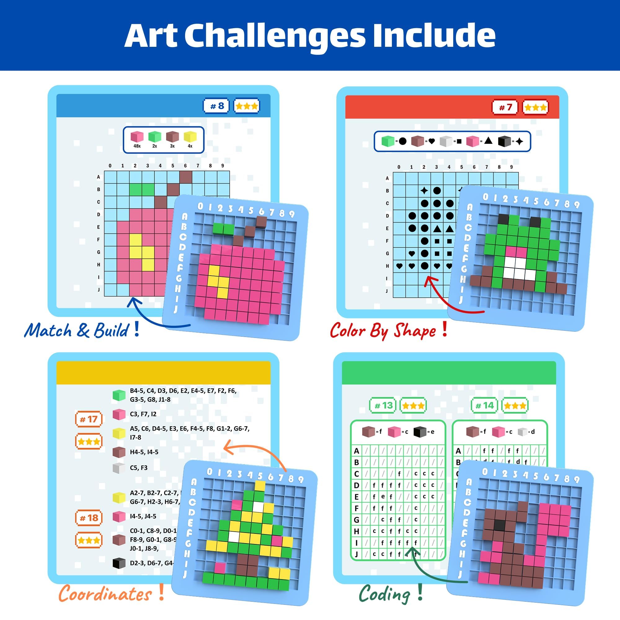 CYOEST Pixel Art STEM Kit – 50+ Patterns, 4 Challenge Types, 3 Difficulty Levels for Kids Ages 5-12