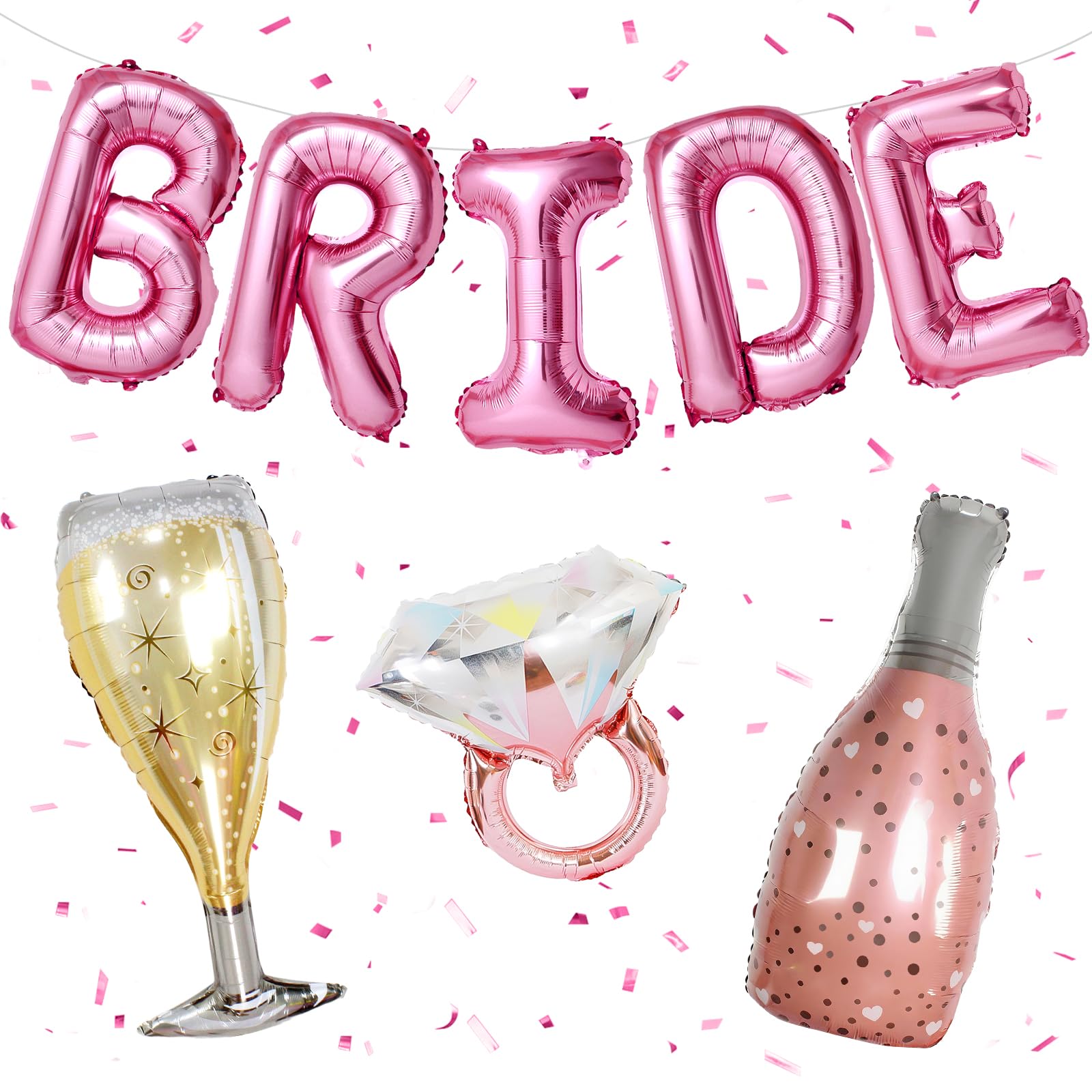 Dagelar 40-Inch Pink BRIDE Balloon Set with Diamond Ring & Champagne Foil Balloons for Bachelorette Party