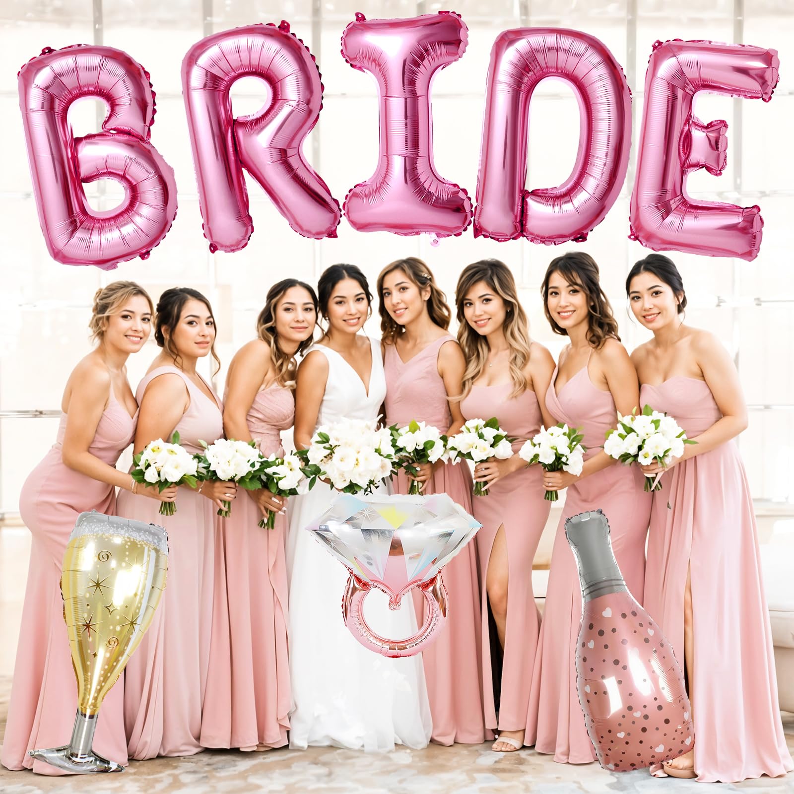 Dagelar 40-Inch Pink BRIDE Balloon Set with Diamond Ring & Champagne Foil Balloons for Bachelorette Party
