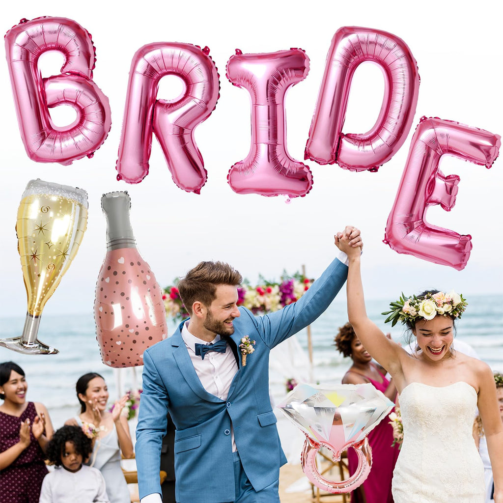Dagelar 40-Inch Pink BRIDE Balloon Set with Diamond Ring & Champagne Foil Balloons for Bachelorette Party