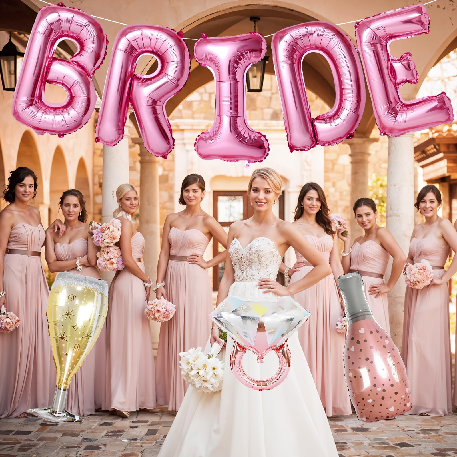 Dagelar 40-Inch Pink BRIDE Balloon Set with Diamond Ring & Champagne Foil Balloons for Bachelorette Party