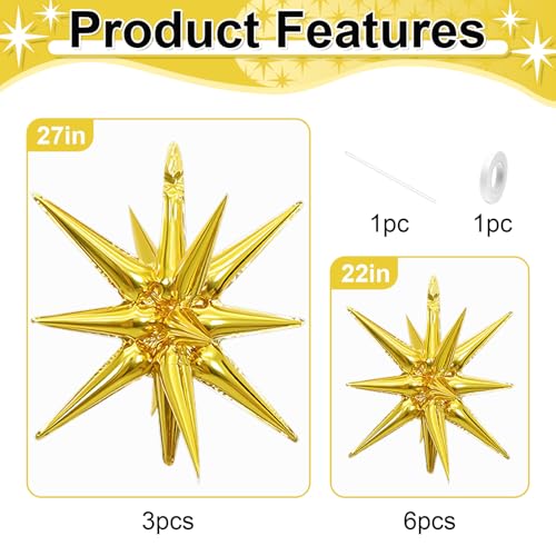 Dagelar 9-Piece Gold Star Balloon Set – Metallic Foil Spike Balloons for Parties (3x27in + 6x22in)