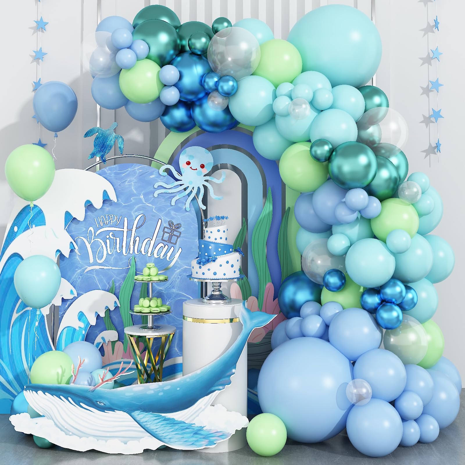 Dagelar Ocean Themed Balloon Arch Kit – 110 Pastel Blue, Teal & Lime Green Balloons for Under the Sea Party Decor