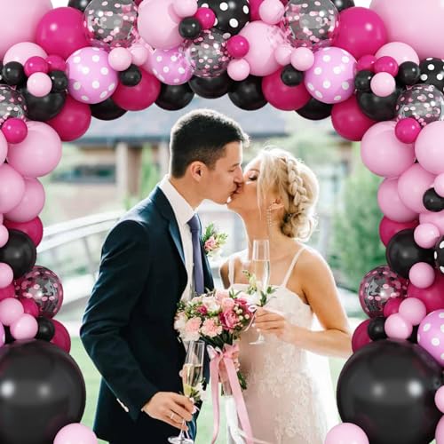 Dagelar Pink Black Balloon Arch Kit - 101 Piece Pastel Hot Pink Black Dot Balloon Garland with Bow Heart Foil Balloons for Birthday Baby Shower Wedding Party Decor