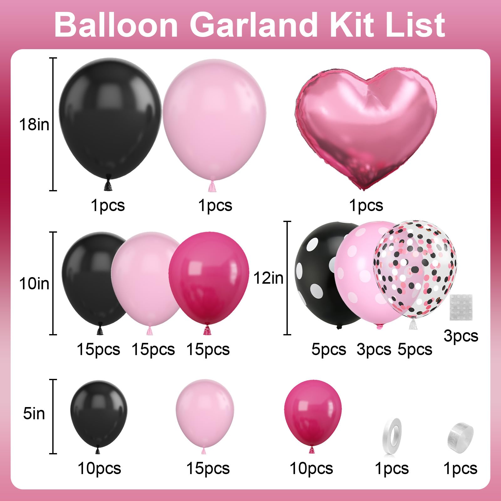 Dagelar Pink Black Balloon Arch Kit - 101 Piece Pastel Hot Pink Black Dot Balloon Garland with Bow Heart Foil Balloons for Birthday Baby Shower Wedding Party Decor