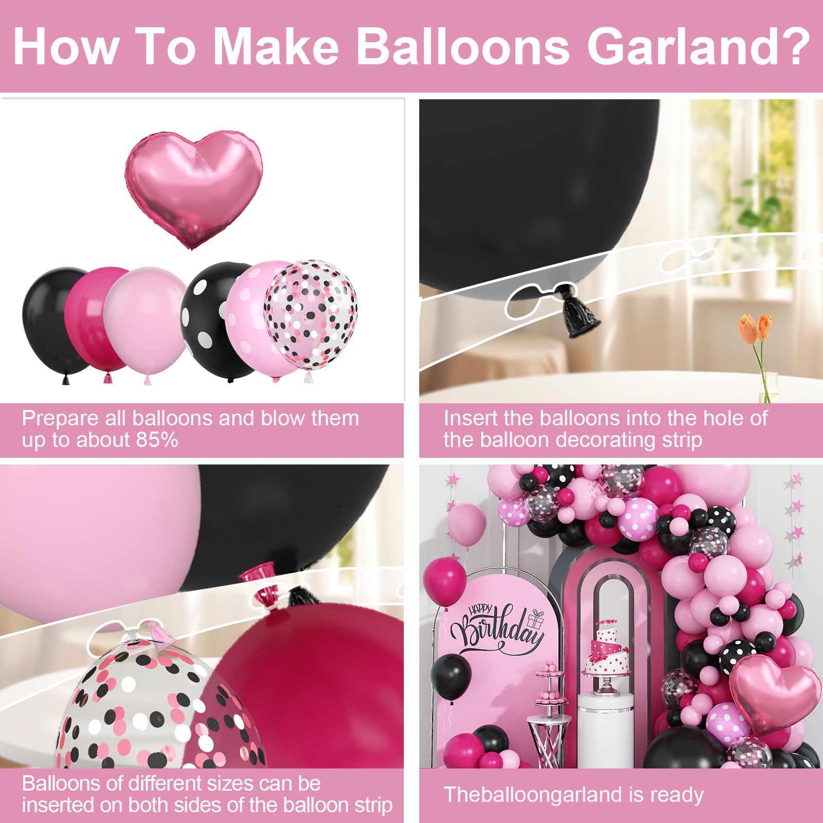 Dagelar Pink Black Balloon Arch Kit - 101 Piece Pastel Hot Pink Black Dot Balloon Garland with Bow Heart Foil Balloons for Birthday Baby Shower Wedding Party Decor