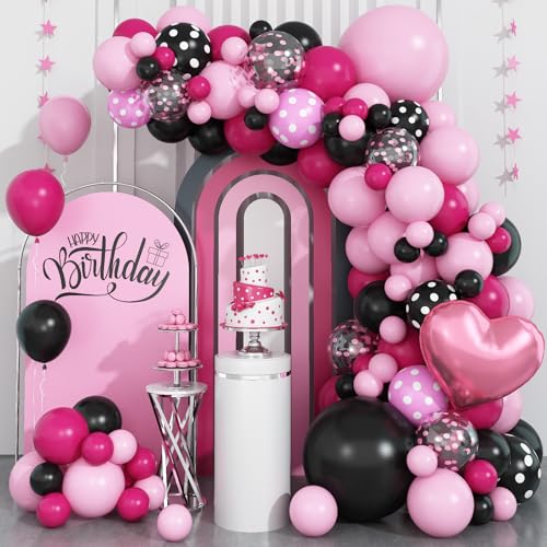 Dagelar Pink Black Balloon Arch Kit - 101 Piece Pastel Hot Pink Black Dot Balloon Garland with Bow Heart Foil Balloons for Birthday Baby Shower Wedding Party Decor