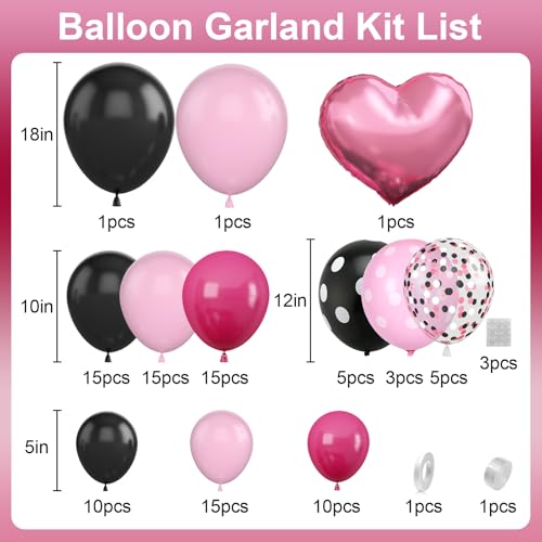 Dagelar Pink Black Balloon Arch Kit - 101 Piece Pastel Hot Pink Black Dot Balloon Garland with Bow Heart Foil Balloons for Birthday Baby Shower Wedding Party Decor