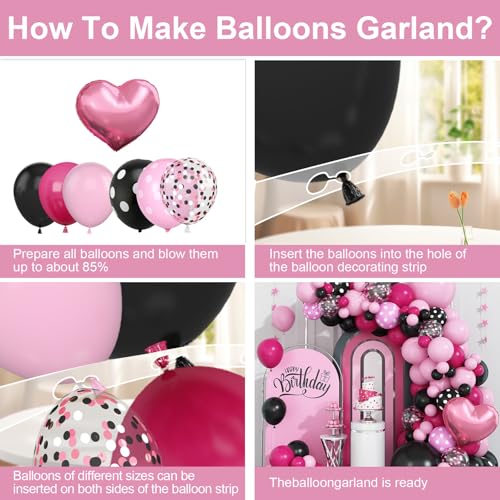 Dagelar Pink Black Balloon Arch Kit - 101 Piece Pastel Hot Pink Black Dot Balloon Garland with Bow Heart Foil Balloons for Birthday Baby Shower Wedding Party Decor