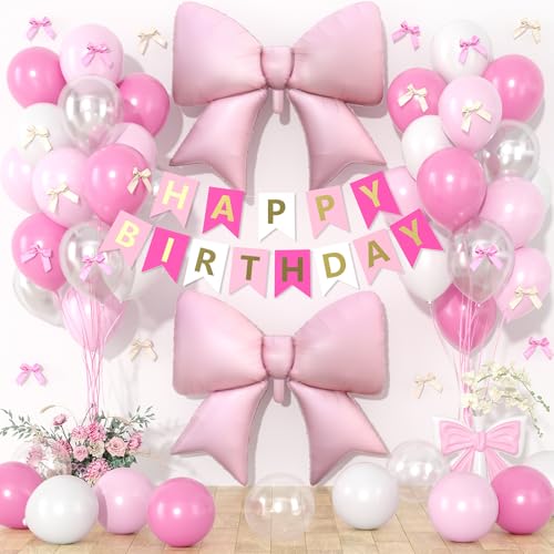 Dagelar Pink Bow Birthday Decor Kit - 38in Foil Balloons, Satin Bows, Banner for Girls Women Party