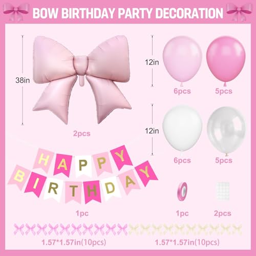 Dagelar Pink Bow Birthday Decor Kit - 38in Foil Balloons, Satin Bows, Banner for Girls Women Party