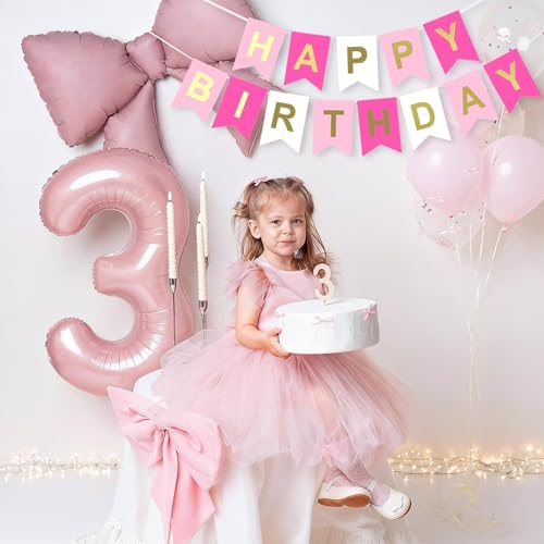 Dagelar Pink Bow Birthday Decor Kit - 38in Foil Balloons, Satin Bows, Banner for Girls Women Party