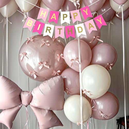 Dagelar Pink Bow Birthday Decor Kit - 38in Foil Balloons, Satin Bows, Banner for Girls Women Party