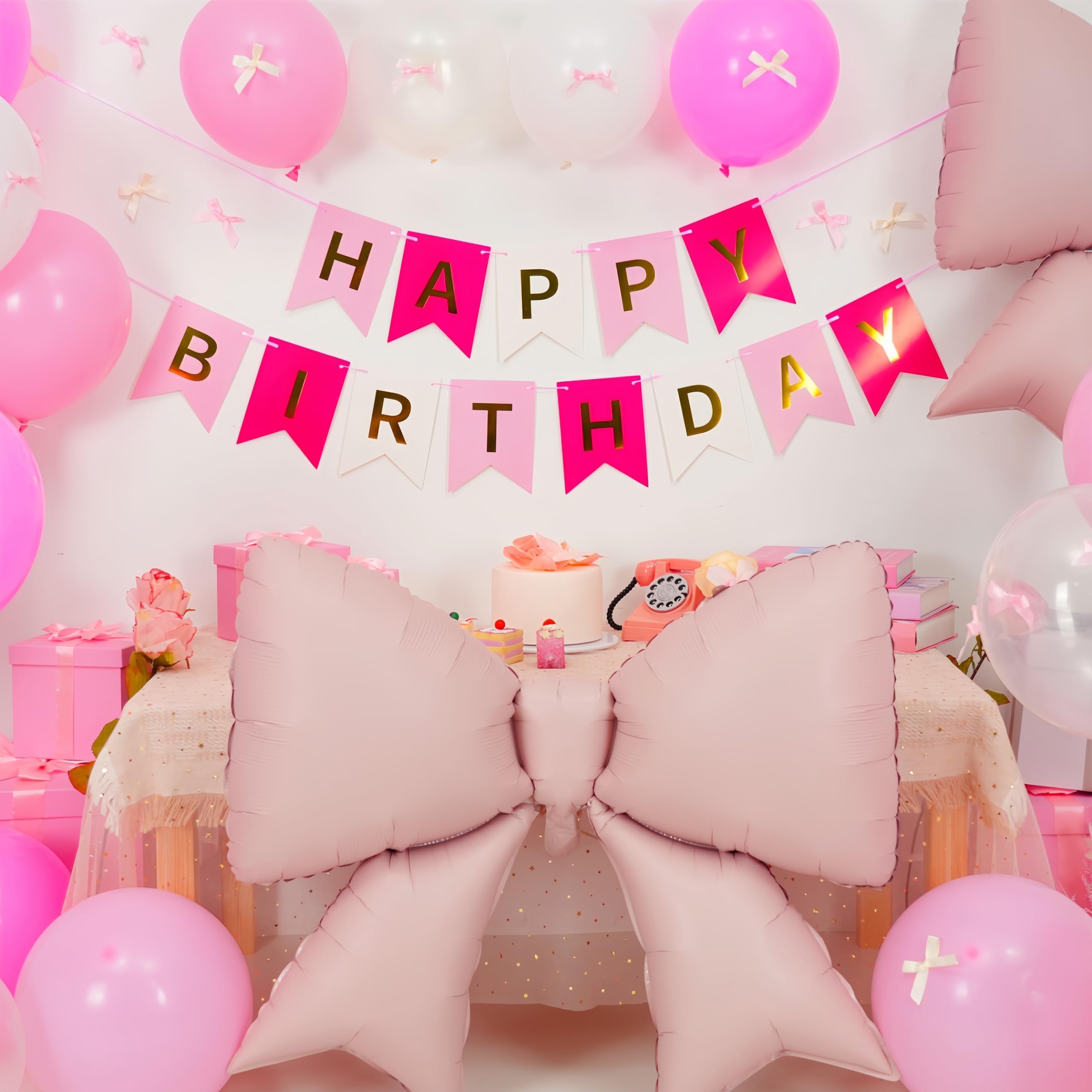 Dagelar Pink Bow Birthday Decor Kit - 38in Foil Balloons, Satin Bows, Banner for Girls Women Party