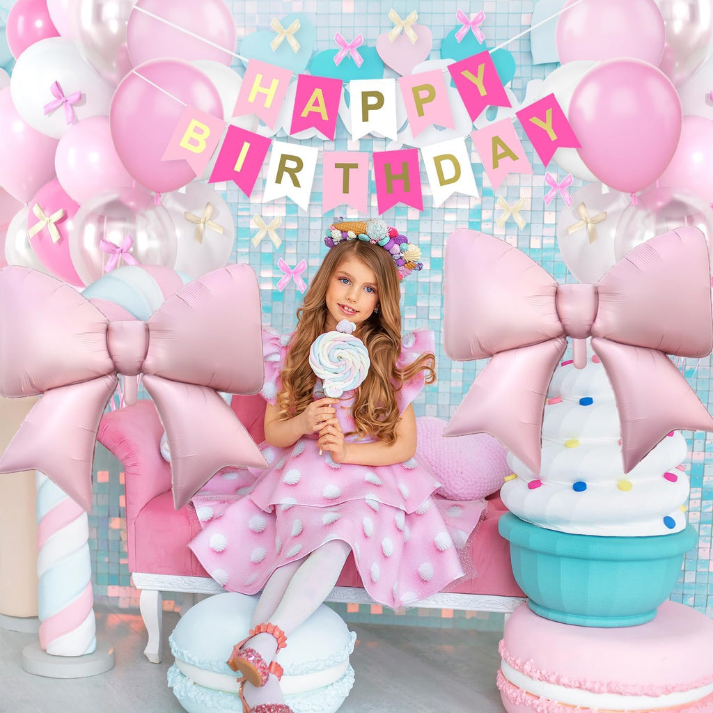 Dagelar Pink Bow Birthday Decor Kit - 38in Foil Balloons, Satin Bows, Banner for Girls Women Party