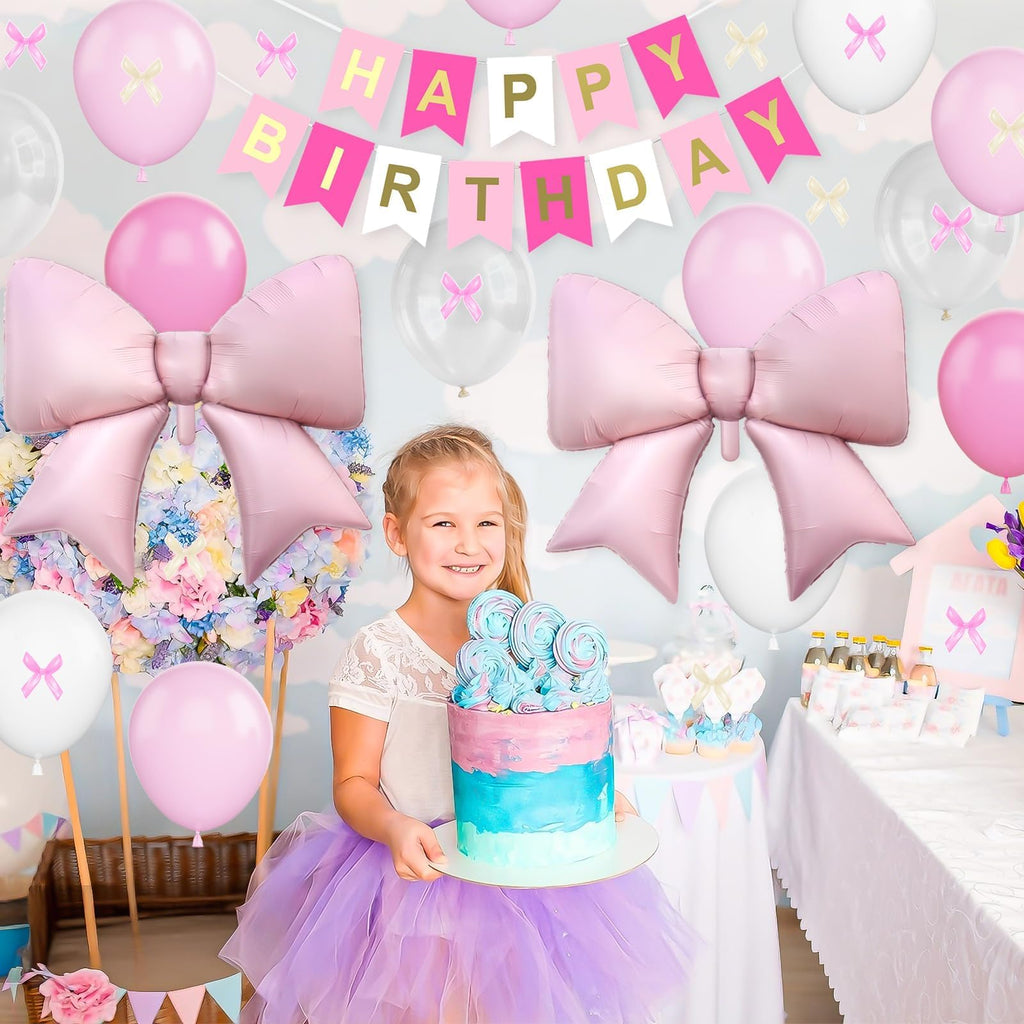 Dagelar Pink Bow Birthday Decor Kit - 38in Foil Balloons, Satin Bows, Banner for Girls Women Party