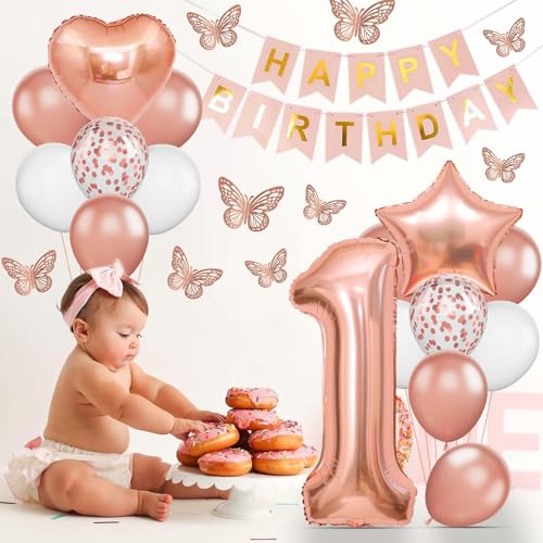 Dagelar Rose Gold 1st Birthday Decoration Set - 21 Piece Balloon Banner Kit for Girls