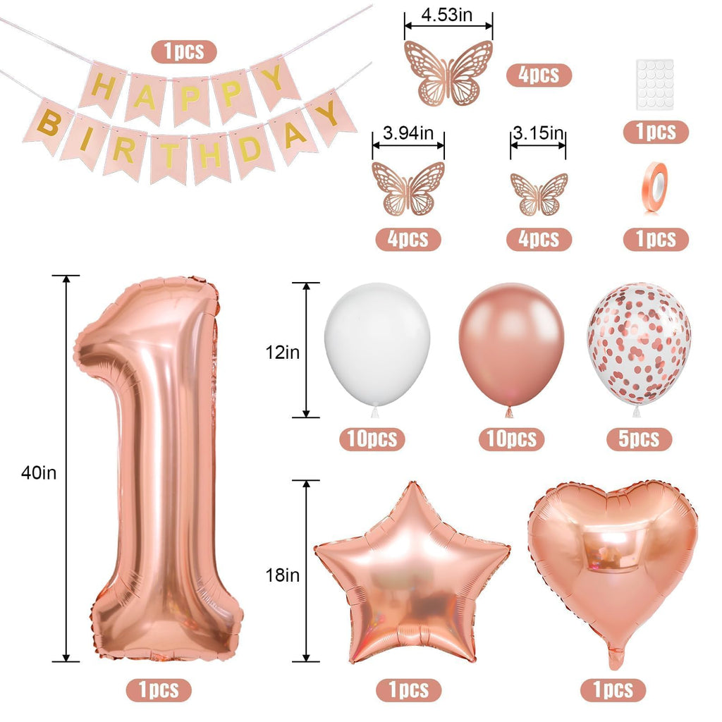 Dagelar Rose Gold 1st Birthday Decoration Set - 21 Piece Balloon Banner Kit for Girls