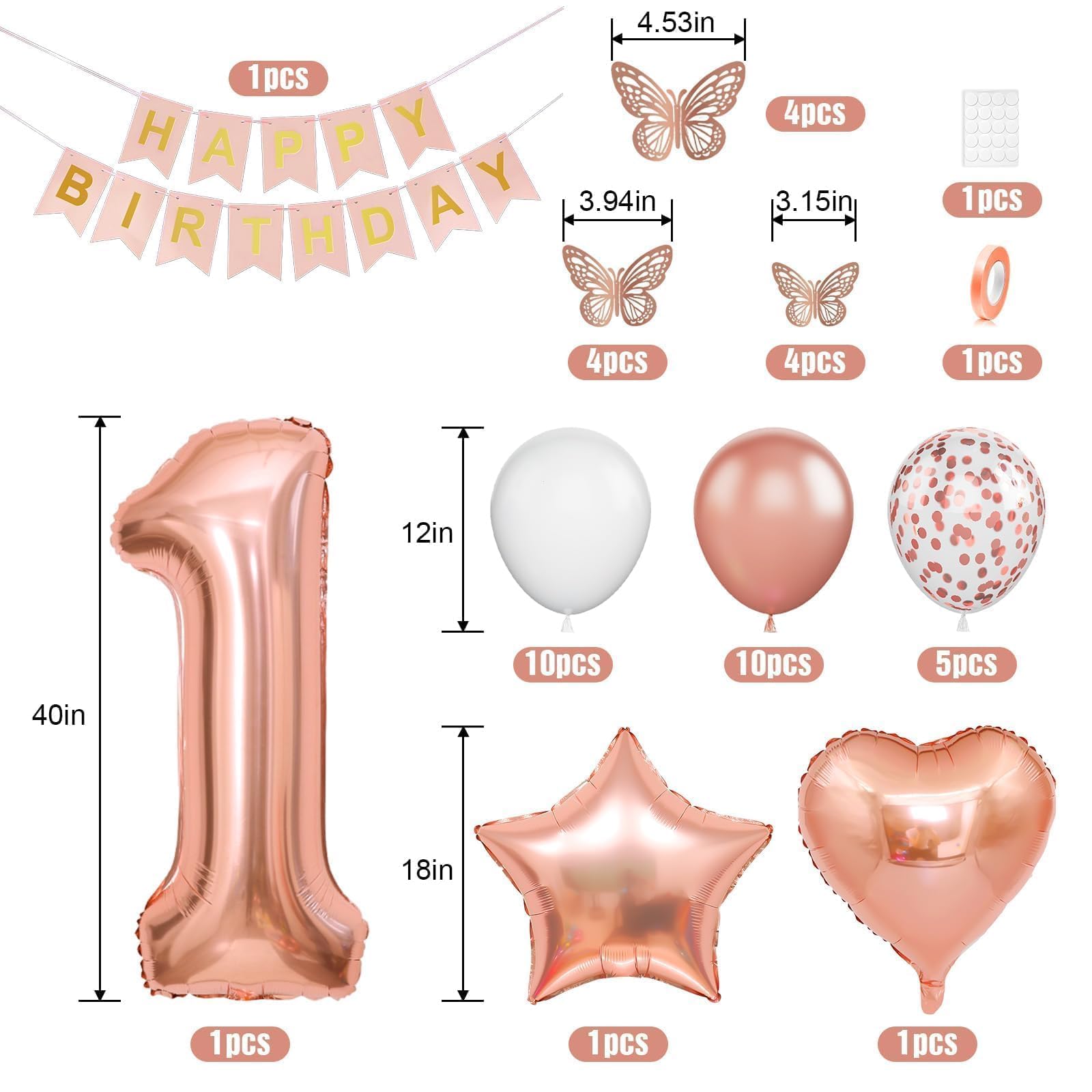 Dagelar Rose Gold 1st Birthday Decoration Set - 21 Piece Balloon Banner Kit for Girls