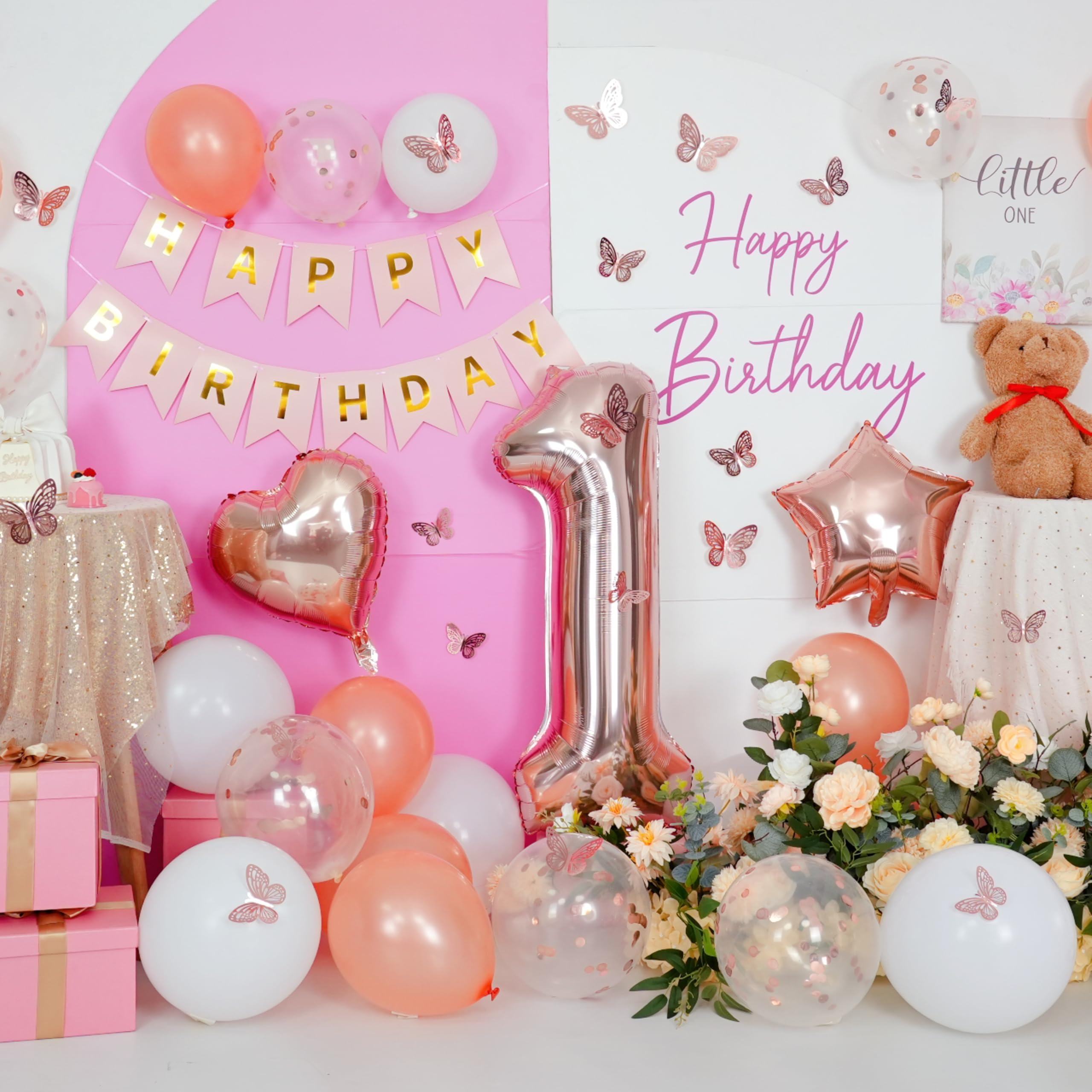Dagelar Rose Gold 1st Birthday Decoration Set - 21 Piece Balloon Banner Kit for Girls