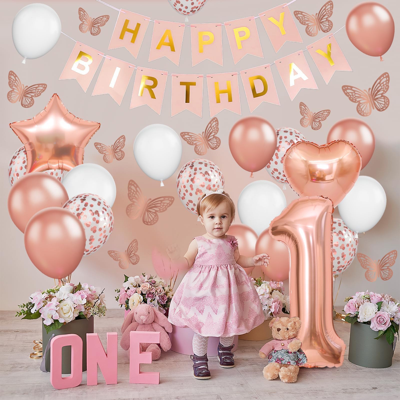 Dagelar Rose Gold 1st Birthday Decoration Set - 21 Piece Balloon Banner Kit for Girls