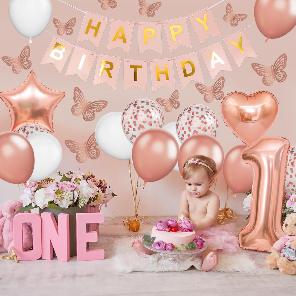 Dagelar Rose Gold 1st Birthday Decoration Set - 21 Piece Balloon Banner Kit for Girls