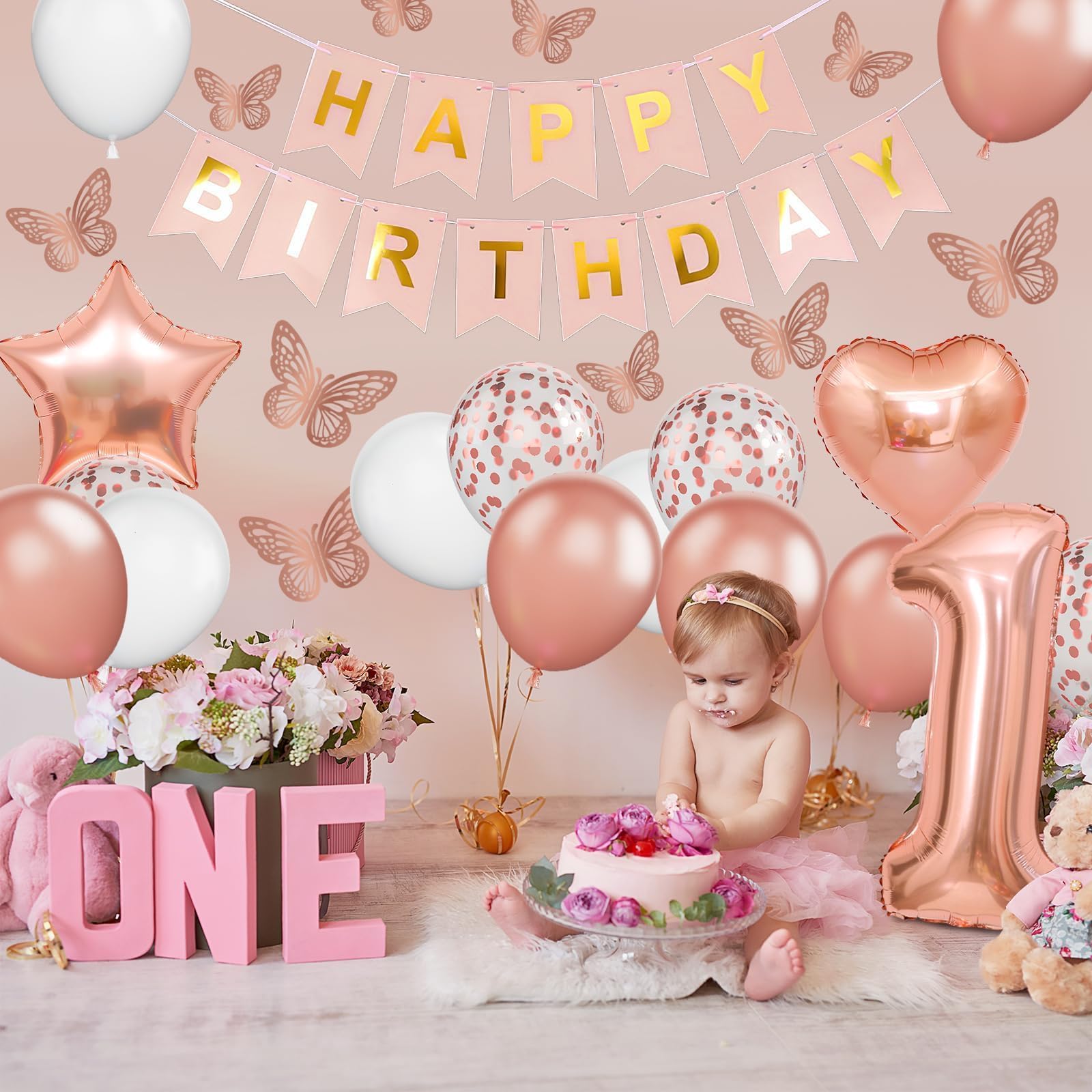 Dagelar Rose Gold 1st Birthday Decoration Set - 21 Piece Balloon Banner Kit for Girls