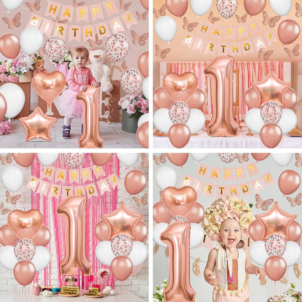 Dagelar Rose Gold 1st Birthday Decoration Set - 21 Piece Balloon Banner Kit for Girls