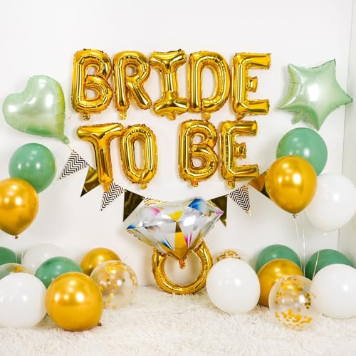 Dagelar Sage Green Bachelorette Party Balloon Set – Gold Bride to Be Decorations with Diamond Ring, Star, Heart Foil Balloons