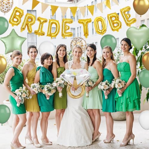 Dagelar Sage Green Bachelorette Party Balloon Set – Gold Bride to Be Decorations with Diamond Ring, Star, Heart Foil Balloons
