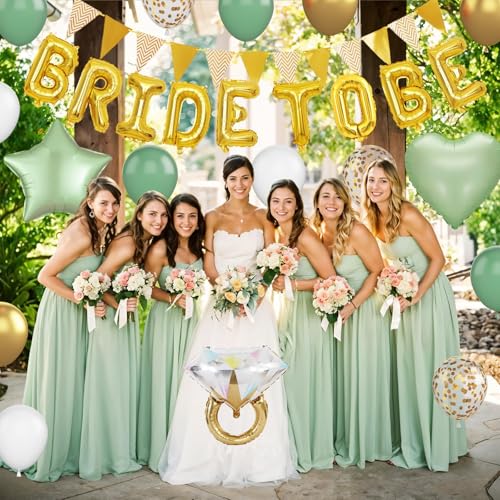 Dagelar Sage Green Bachelorette Party Balloon Set – Gold Bride to Be Decorations with Diamond Ring, Star, Heart Foil Balloons