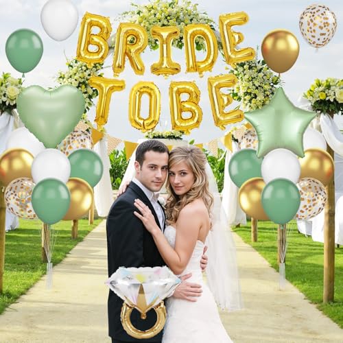 Dagelar Sage Green Bachelorette Party Balloon Set – Gold Bride to Be Decorations with Diamond Ring, Star, Heart Foil Balloons