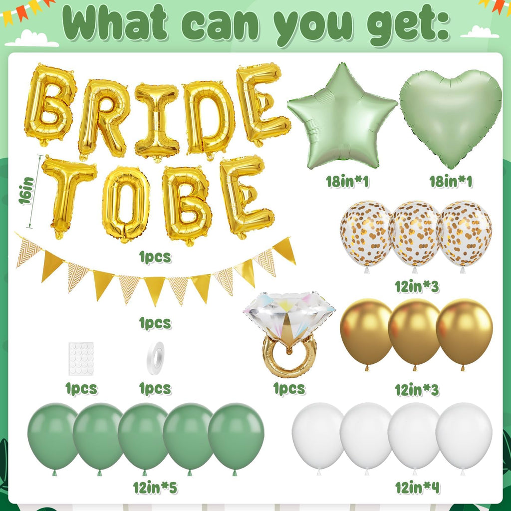 Dagelar Sage Green Bachelorette Party Balloon Set – Gold Bride to Be Decorations with Diamond Ring, Star, Heart Foil Balloons