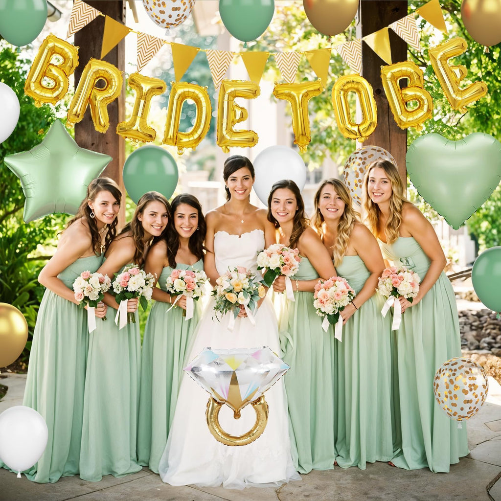 Dagelar Sage Green Bachelorette Party Balloon Set – Gold Bride to Be Decorations with Diamond Ring, Star, Heart Foil Balloons