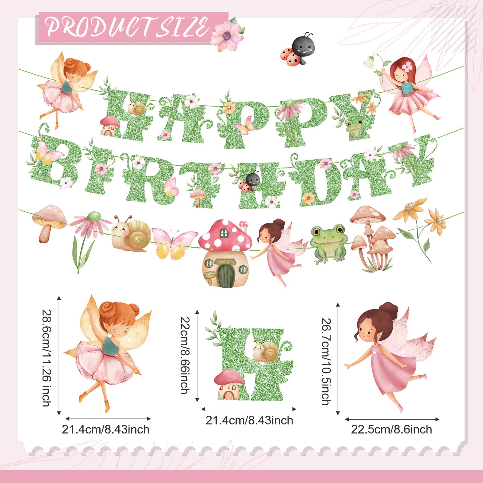 Daifunli 3 Pcs Green Fairy Birthday Banner Set - DIY Happy Birthday Decorations with Butterflies, Mushrooms, and Flowers