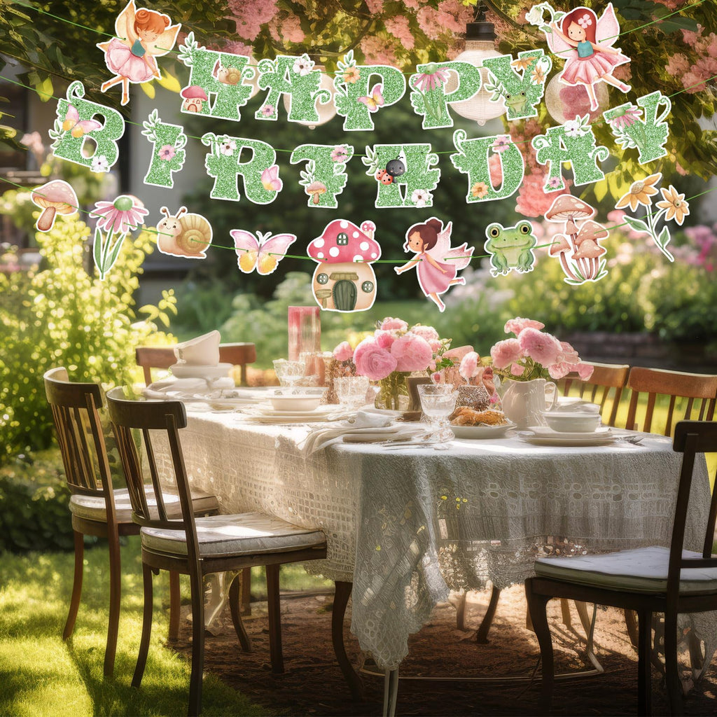 Daifunli 3 Pcs Green Fairy Birthday Banner Set - DIY Happy Birthday Decorations with Butterflies, Mushrooms, and Flowers