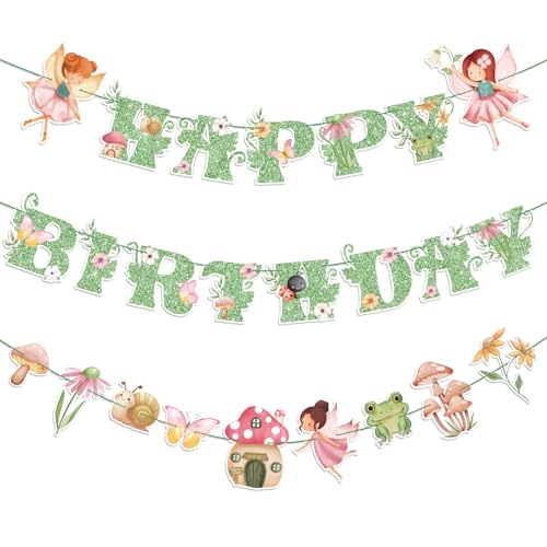 Daifunli 3 Pcs Green Fairy Birthday Banner Set - DIY Happy Birthday Decorations with Butterflies, Mushrooms, and Flowers